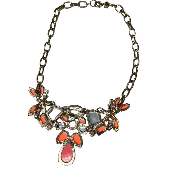 J Crew Statement Bib Necklace Orange Coral Gold Tone Rhinestone Stone - Picture 6 of 8